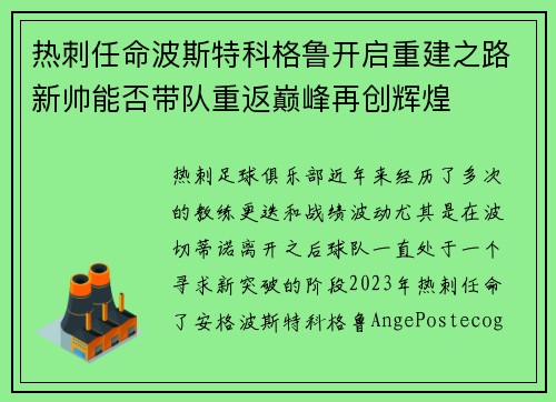 热刺任命波斯特科格鲁开启重建之路新帅能否带队重返巅峰再创辉煌 热刺任命波斯特科格鲁开启重建之路新帅能否带队重返巅峰再创辉煌